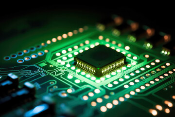 Obraz premium A mesmerizing composition showcasing intricate electronic diodes adorning a printed circuit board, with a radiant LED captivatingly positioned at its heart.