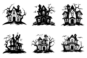 Haunted house silhouette collection. Cartoon Halloween spooky ghost house. Flat vector illustration set