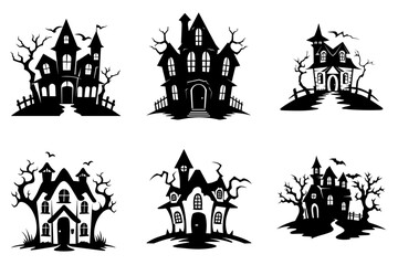 Haunted house silhouette collection. Cartoon Halloween spooky ghost house. Flat vector illustration set