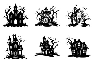 Haunted house silhouette collection. Cartoon Halloween spooky ghost house. Flat vector illustration set