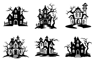 Haunted house silhouette collection. Cartoon Halloween spooky ghost house. Flat vector illustration set