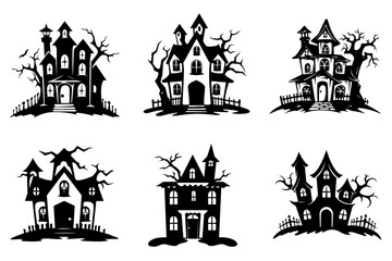 Haunted house silhouette collection. Cartoon Halloween spooky ghost house. Flat vector illustration set