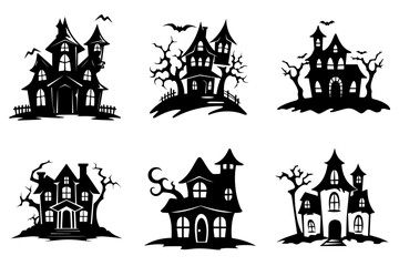 Haunted house silhouette collection. Cartoon Halloween spooky ghost house. Flat vector illustration set