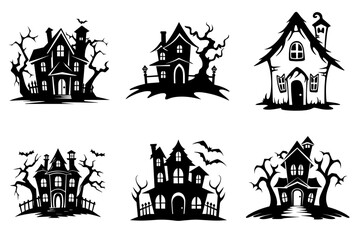 Haunted house silhouette collection. Cartoon Halloween spooky ghost house. Flat vector illustration set