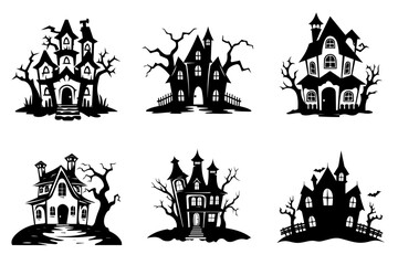 Haunted house silhouette collection. Cartoon Halloween spooky ghost house. Flat vector illustration set