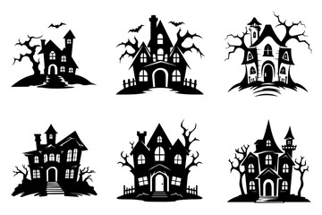 Haunted house silhouette collection. Cartoon Halloween spooky ghost house. Flat vector illustration set