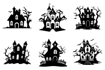 Haunted house silhouette collection. Cartoon Halloween spooky ghost house. Flat vector illustration set