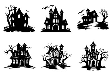 Haunted house silhouette collection. Cartoon Halloween spooky ghost house. Flat vector illustration set