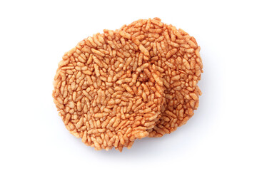 Sweet crispy rice cakes isolated on white background , top view , flat lay.