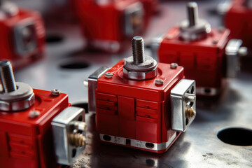 Innovative Industrial Setting Showcasing Vibrant Red Interlock Switches with Robust Metal Contacts
