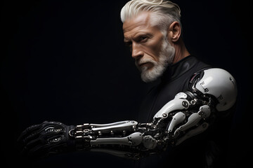 man with futuristic prosthetic arm, plain colour background