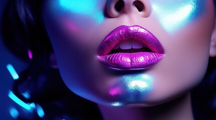 High Fashion model with shiny silver lips and face in brilliant neon ultraviolet blue and purple lights posing in studio, lovely female, glowing make-up, colorful make-up. generative ai