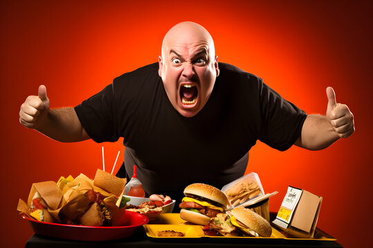 studio portrait of angry fast-food customer