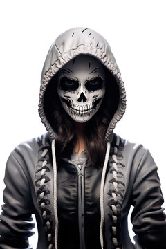 Girl with face painted as skeleton wearing hoodie over isolated transparent background. Halloween vibes