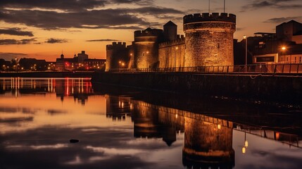 A Fortress's Golden Embrace: An ancient stone castle stands tall at dusk, reflecting gracefully in calm waters, while the warm sunset paints the sky with hues of orange and gold.
