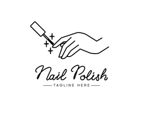 Female manicured hand. Lady painting, polishing nails. Nail polish icon. Vector Illustration of Elegant female hands in a trendy minimalist style. Beauty logo for nail studio or spa salon.