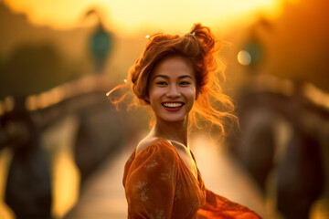 Happy girl dress walking over the bridge. Young girl wear Vietnam dress walk over a bridge in the forest. Vietnam girl walking. Generative AI.