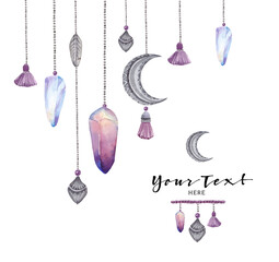 Watercolor crystals card. Hand drawing of Gemstones. Boho style illustration.