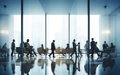 Fototapeta na wymiar Dynamic Modern Office Environment: A bustling large office workplace with businesspeople in motion blur, capturing the fast-paced nature of corporate life, teamwork, and collaboration
