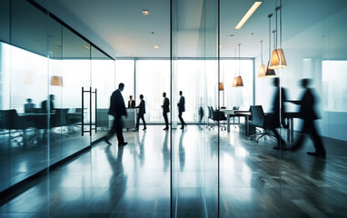 Dynamic Modern Office Environment: A bustling large office workplace with businesspeople in motion blur, capturing the fast-paced nature of corporate life, teamwork, and collaboration