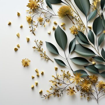 Leaves white background with minimalistic concept, there is free space for decoration. Great for business, decoration, backdrop, website, wallpaper, mockup, template etc. Generative Ai image