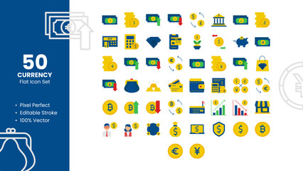 Set of 50 line icons related to Currency. Pixel Perfect Icon. Flat icon collection. Vector illustration.