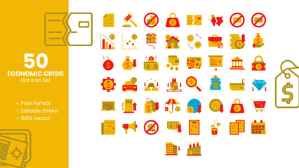 Set of 50 line icons related to Economy Crisis. Pixel Perfect Icon. Flat icon collection. Vector illustration.