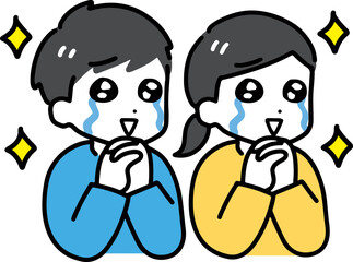 笑顔で泣きながら感動している私服の若い男女(上半身)