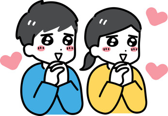 笑顔でときめいている若い私服の男女(上半身)