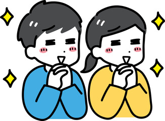 喜んでいる幸せそうな私服の若い男女(上半身)