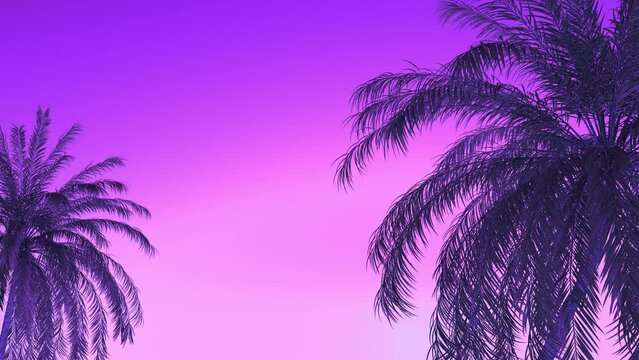 Silhouettes of two palm trees swaying from the wind on a purple gradient background in a seamless loop. This video is great for any nature, travel or inspirational project.