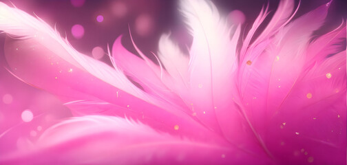 Fototapeta na wymiar Pink feathers background with glitter and bokeh. Wallpaper for showcase products. Template. Banner for beauty product. Generative ai art.