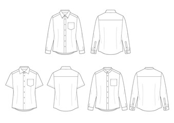 plain white mens shirts flat sketch front and back drawing template.	