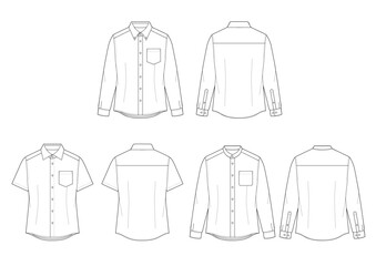 plain white mens shirts flat sketch front and back drawing template.	