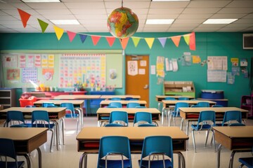 Empty classroom in an elementary school ready for the students coming in for the first day of school