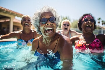 Obraz na płótnie Canvas Diverse group of senior women having a water aerobics class in a pool