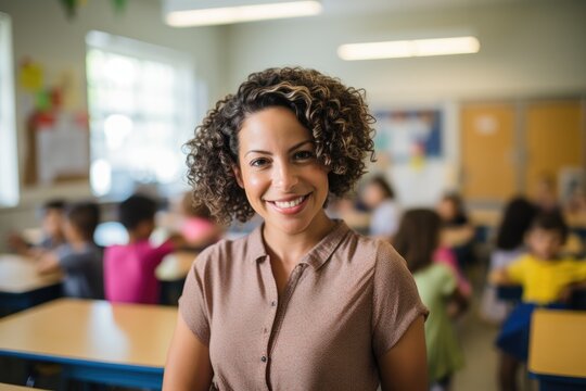 Portrait of a smiling young african american middle school teacher teaching a classroom of students