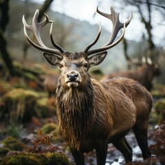 Beautiful red deer stag in the forest. Wildlife scene from nature.