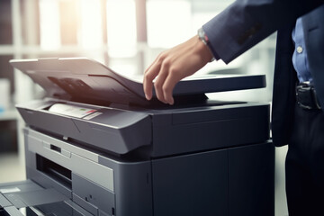 Efficient Office Workflow: Businessman Utilizing Advanced Technology with Multifunction Printer, Scanner, and Copier for Document Processing, Ensuring Productivity and Professionalism in the Workplace