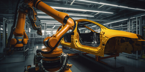 A robotic arm that is manufacturing a car in a factory - Generative AI