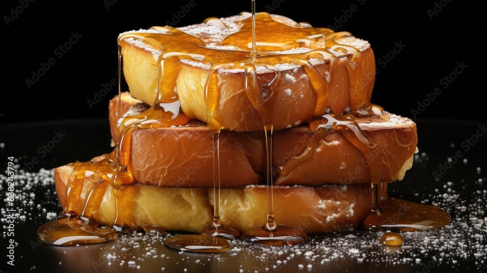 Wall mural front view french toast with melted maple syrup and fruit topping on it, black background and blur