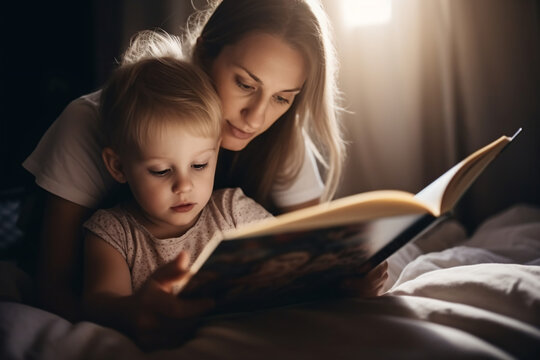mother reading book with child - Generative AI