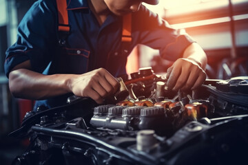 Professional Car Repair and Maintenance: Skilled Mechanic in an Automotive Workshop Utilizing Hydraulic Lift Technology for Efficient Vehicle Servicing and Maintenance in an Industrial Setting - obrazy, fototapety, plakaty