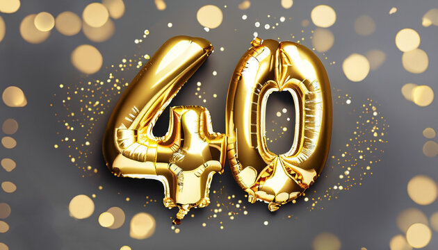 Gold foil balloon number, digit forty. Birthday greeting card with inscription 40th. Anniversary celebration event. Banner. Golden numeral, black background. Numerical digit, light bokeh, glitter.