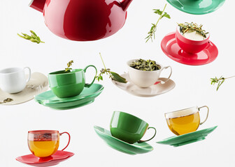 trendy photo of levitating tea cups and tea pot with loose herb tea over white background created with generative ai technology