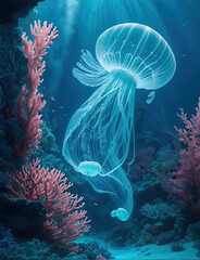 Wonderful and beautiful underwater world with jellyfish, corals and tropical fish.