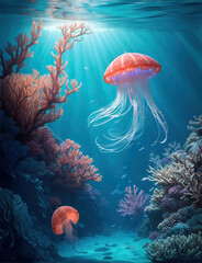 Wonderful and beautiful underwater world with jellyfish, corals and tropical fish.