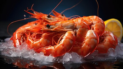 front view fresh shrimps on ice with lemon wedges, black background and blur