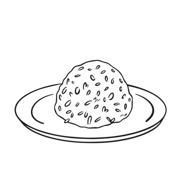 recommend clip art: A portion of round rice on top of round plate vector illustration outlined black and white isolated on square template. Simple flat outlined cartoon art styled food drawing.