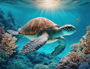 Wonderful and beautiful underwater world with turtles,  corals and tropical fish.